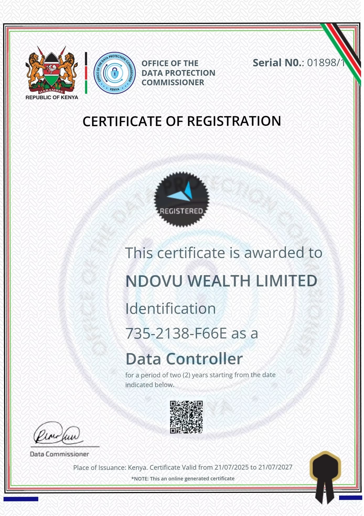 Ndovu Wealth Limited certificate of registration, Office of the Data Protection Commissioner