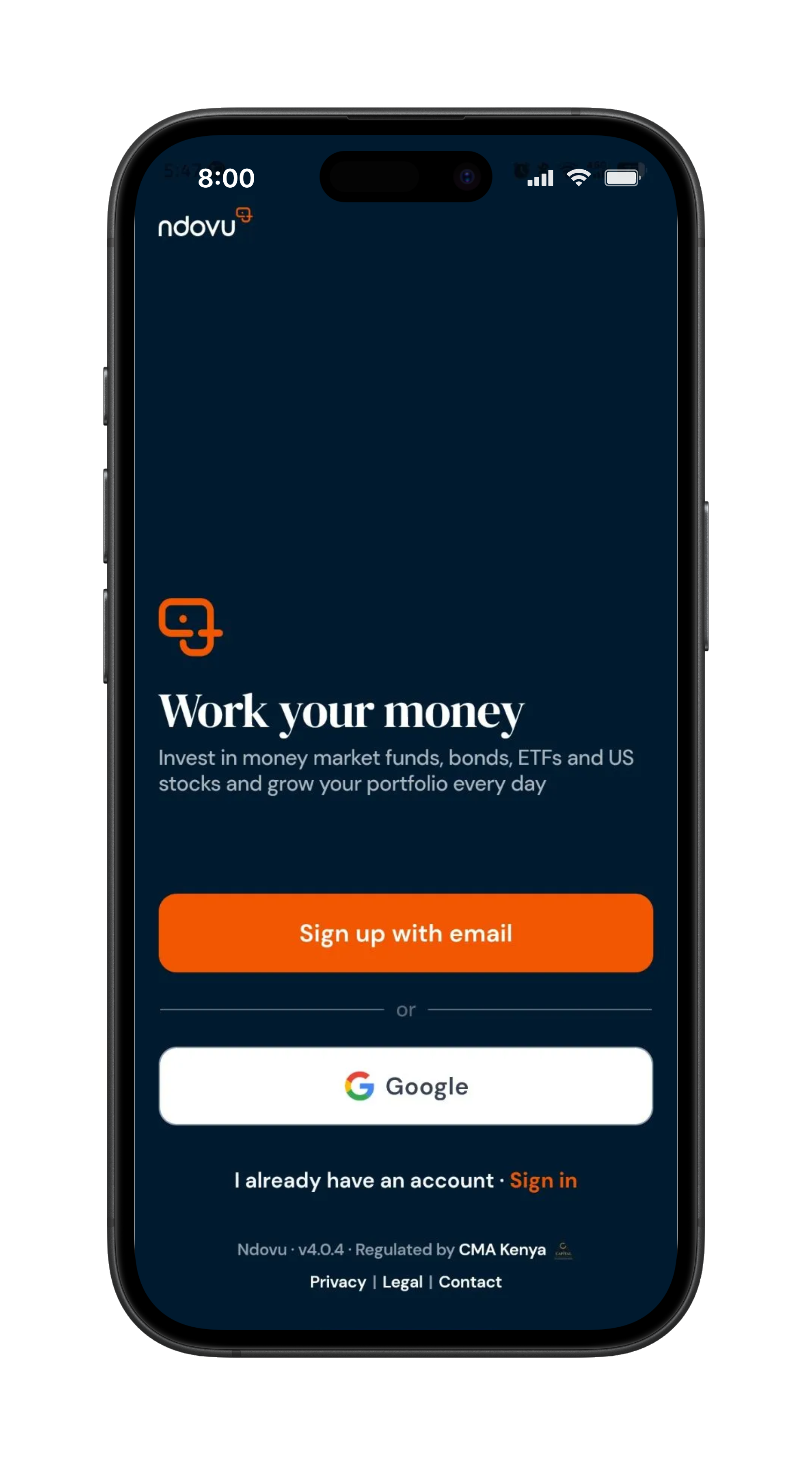 The Ndovu app sign-up screen: Work your money, with options to sign up by email or Google