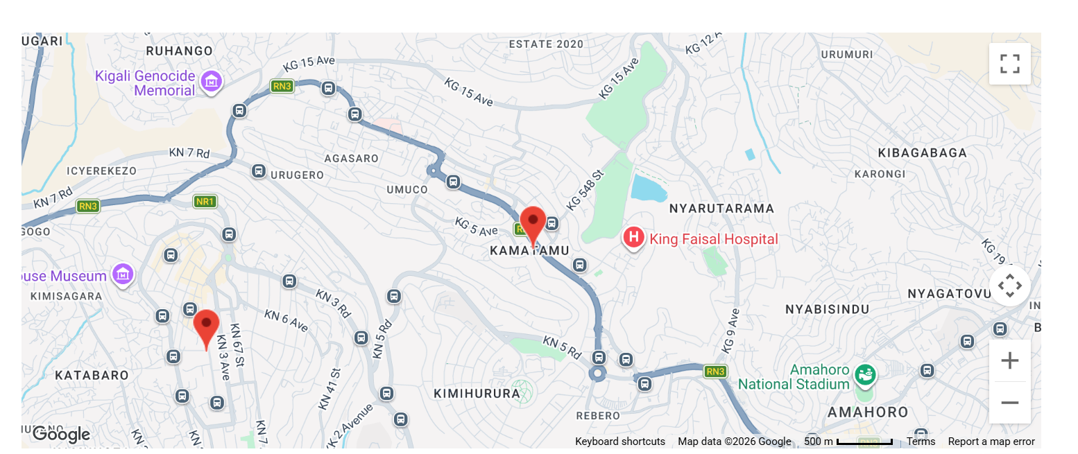 Map of Kigali showing the Ndovu Rwanda office at 5th Floor, Kigali Heights